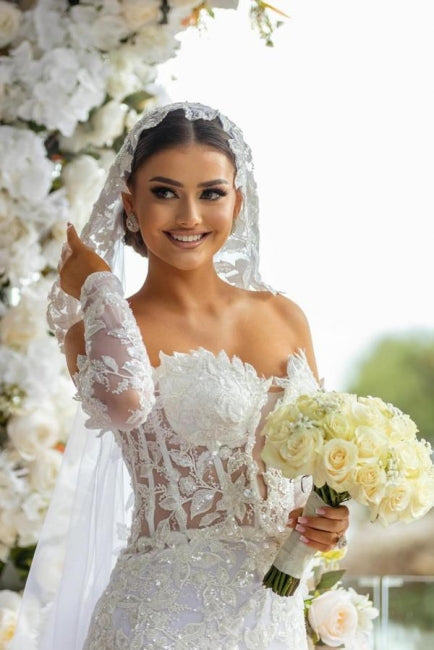 Beautiful Long White Mermaid Off-the-shoulder Lace Glitter Wedding Dress with Long Sleeves