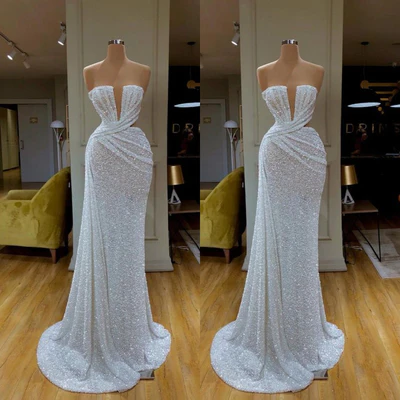 Beautiful Long White V-neck Sleeveless Sequined Mermaid Prom Dress