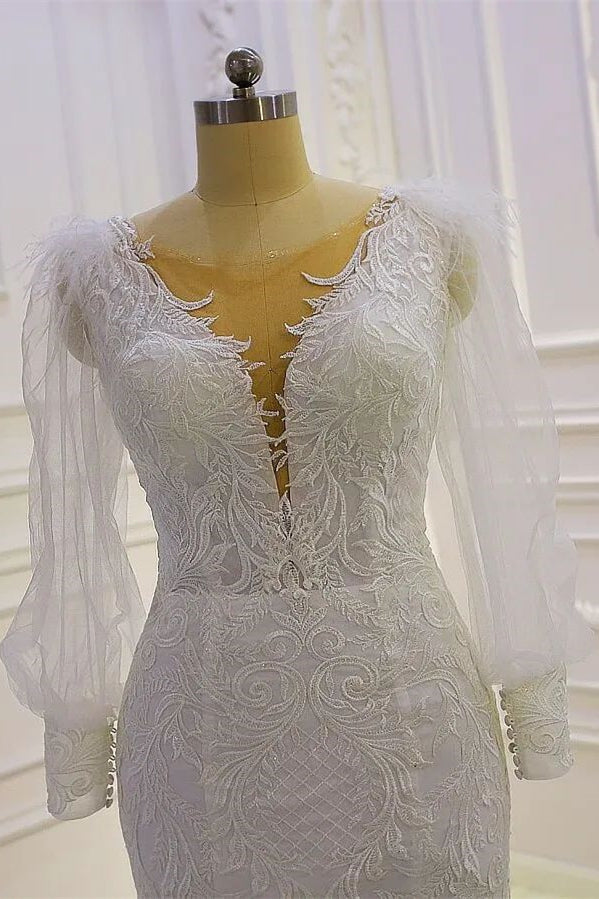 Beautiful Mermaid Long Sleeves Lace Appliques Wedding Dress With Train