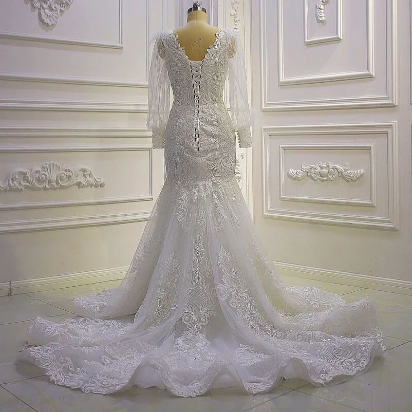 Beautiful Mermaid Long Sleeves Lace Appliques Wedding Dress With Train