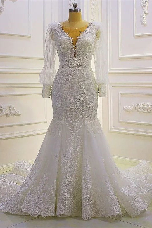 Beautiful Mermaid Long Sleeves Lace Appliques Wedding Dress With Train