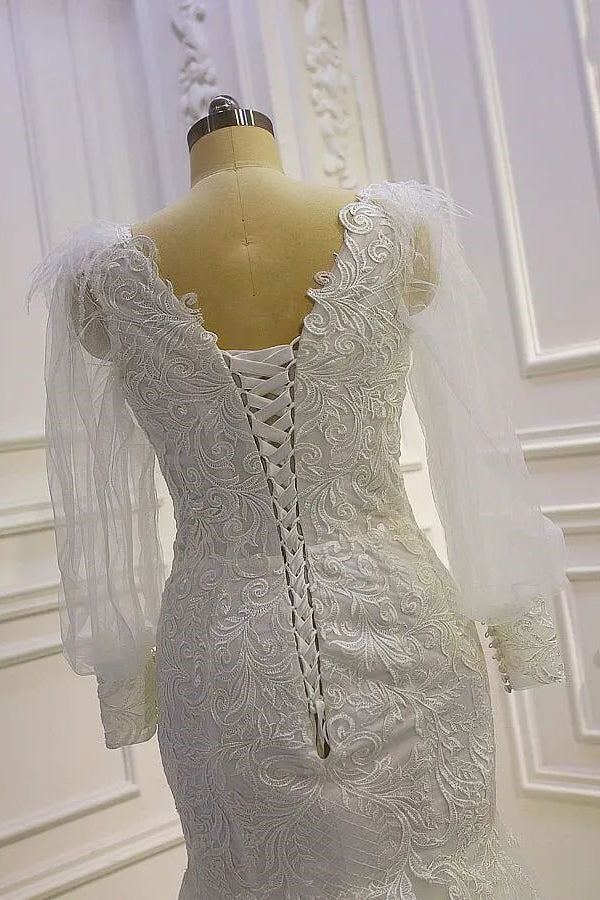 Beautiful Mermaid Long Sleeves Lace Appliques Wedding Dress With Train