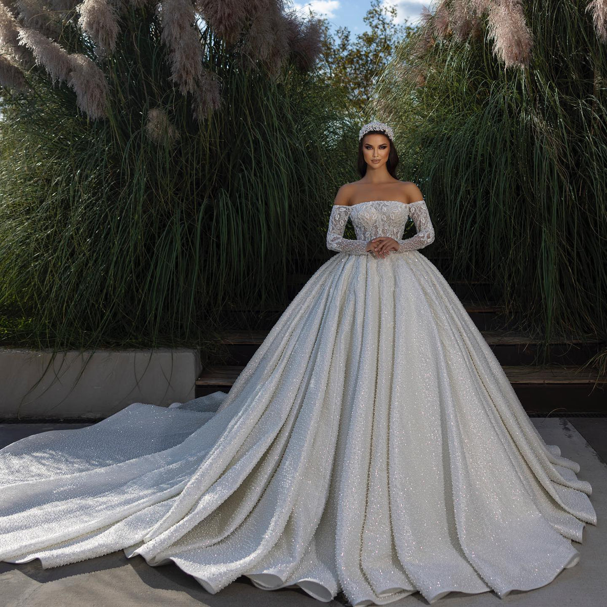 Beautiful Off-the-shoulder A-line White Lace Beading Wedding Dress With Long Sleeves