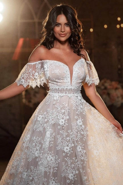 Beautiful Off-the-shoulder Short Sleeve A-Line Floor-Length Lace Wedding Dresses