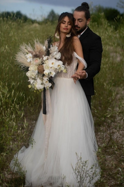 Beautiful Off-the-shoulder Sleeveless Column Floor-Length Tulle Wedding Dresses