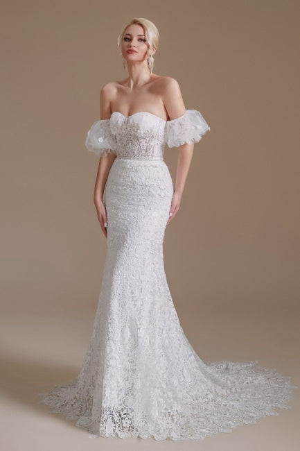 Beautiful Off-the-shoulder Sleeveless Mermaid Floor-Length Lace Wedding Dresses with Applique