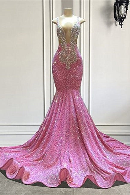 Beautiful Pink Sequined Sleeveless Straps Floor Length Beading Mermaid Prom Dress