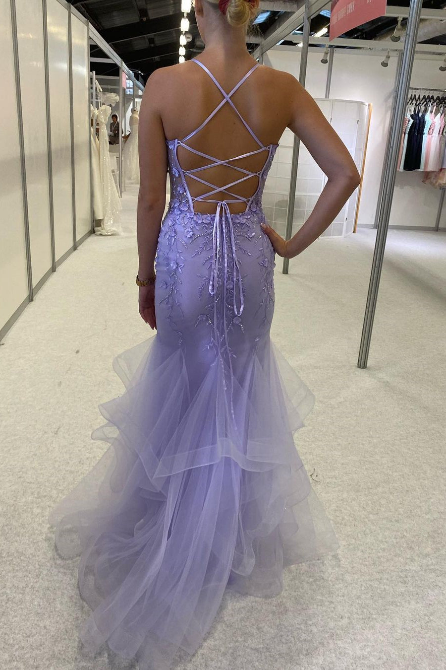 Beautiful Purple Spaghetti Straps Lace Sleeveless Prom Dress With Slit