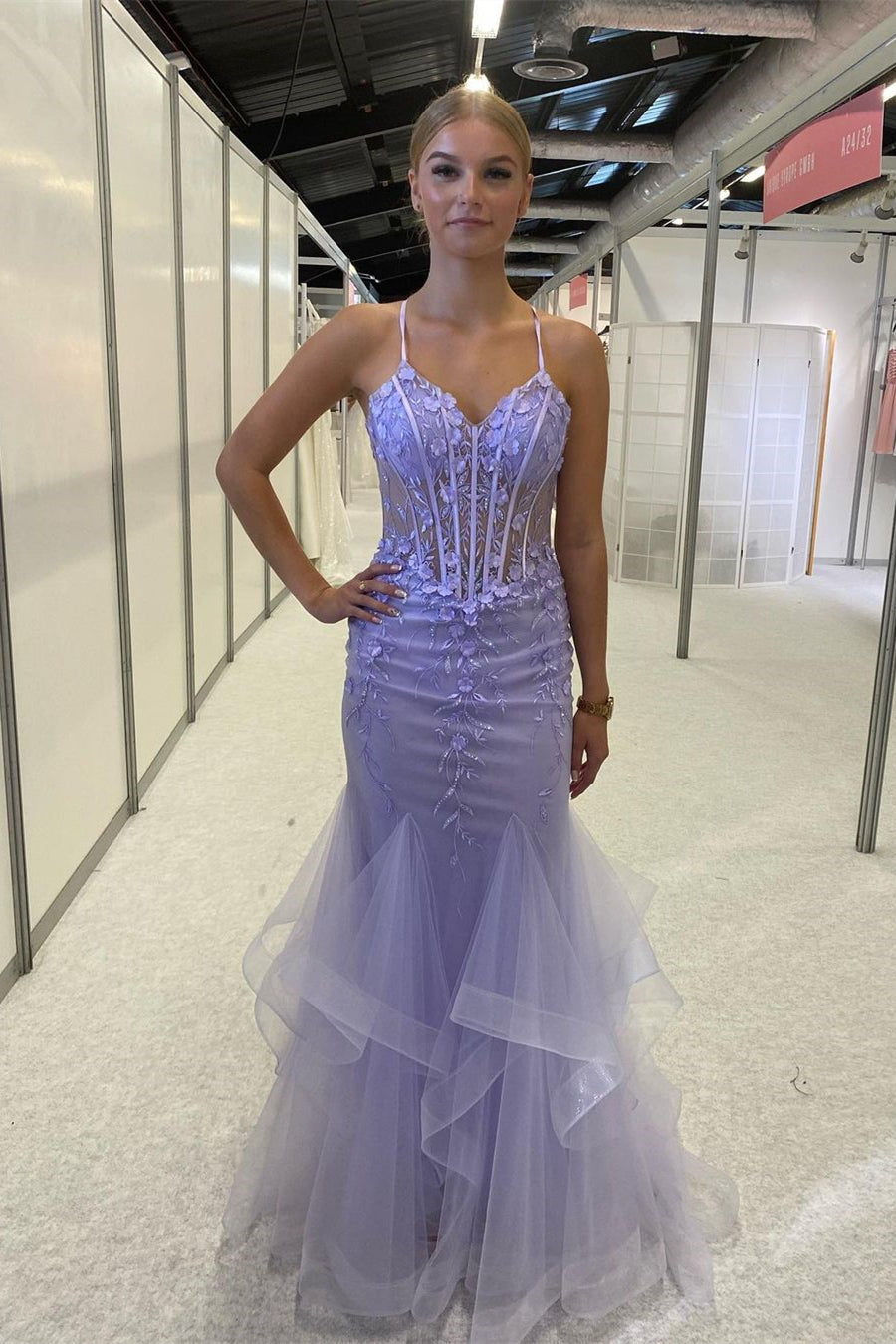 Beautiful Purple Spaghetti Straps Lace Sleeveless Prom Dress With Slit
