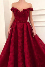 Beautiful Red Off-the-shoulder A-line Lace Prom Dress With Ruffles