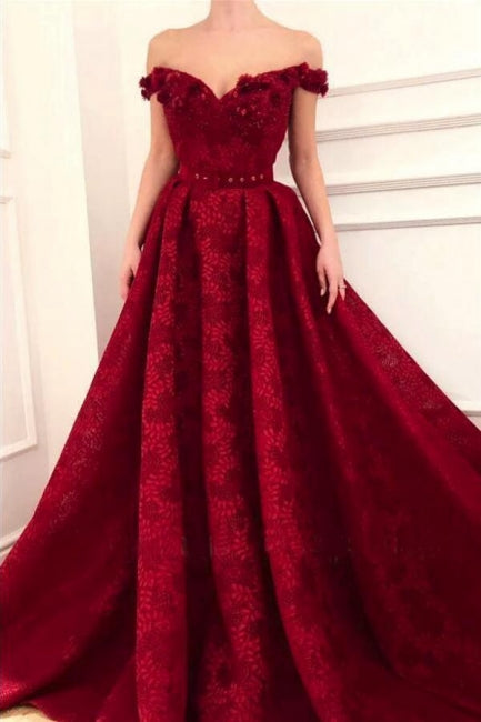 Beautiful Red Off-the-shoulder A-line Lace Prom Dress With Ruffles