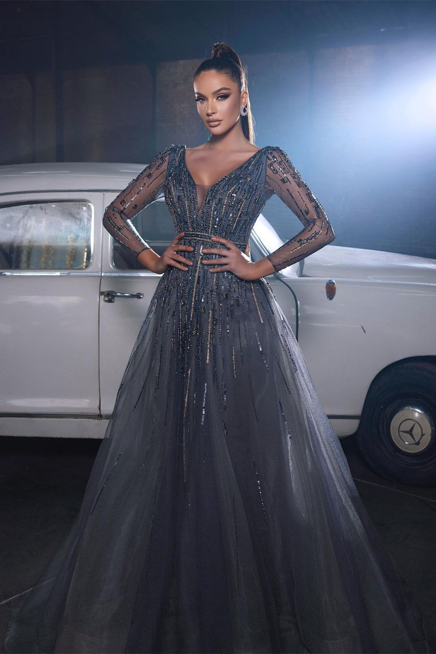 Beautiful Sequined V-neck A-line Sleeveless Prom Dress With Long Sleeves