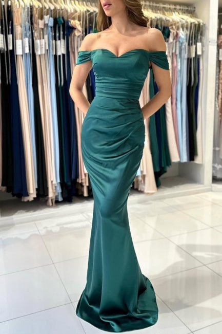 Beautiful Simple Long Dark Green Off-the-shoulder Mermaid Sleeveless Evening Dresses