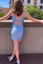 Beautiful Sky Blue Spaghetti Straps Sleeveless Homecoming Dresses