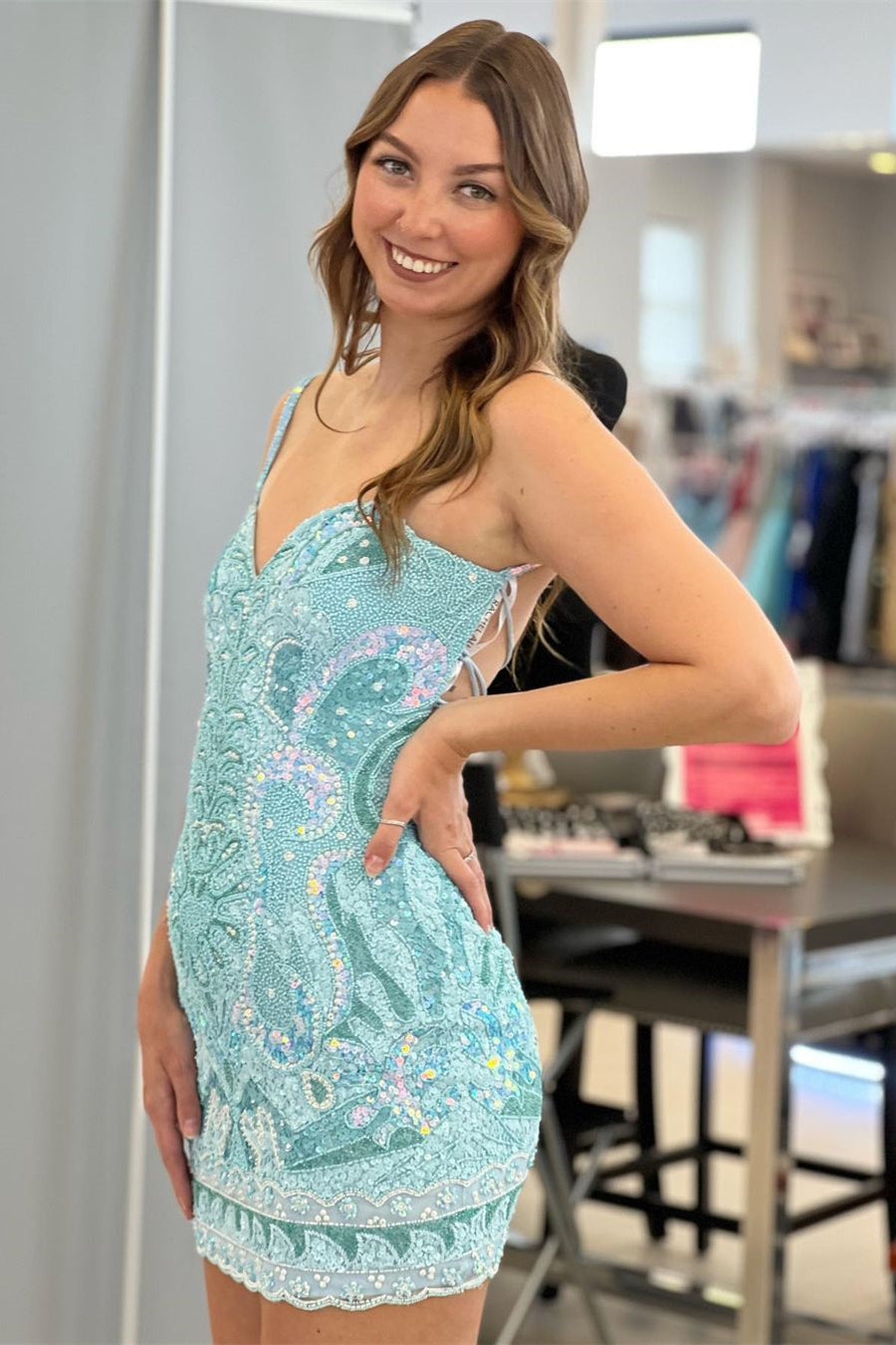 Beautiful Spaghetti Straps Backless Sleeveless Homecoming Dress With Lace