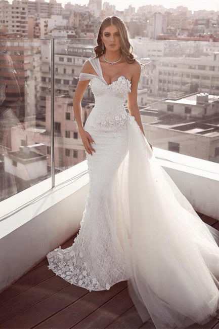 Beautiful Sweetheart Mermaid Tulle Wedding Dresses With Lace