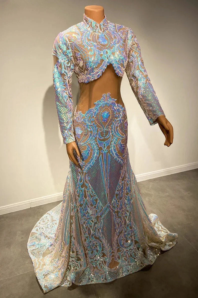 Beautiful Two Piece High-neck Long Sleeve Floor-length A-Line Prom Dresses