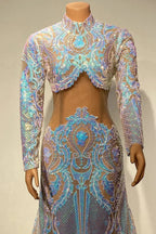Beautiful Two Piece High-neck Long Sleeve Floor-length A-Line Prom Dresses