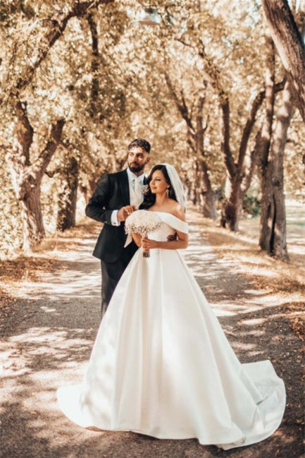 Beautiful White A-line Off-the-shoulder Satin Wedding Dress