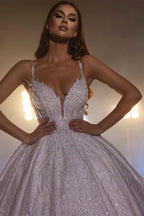 Beautiful White A-line Spaghetti Straps V-neck Wedding Dress With Lace