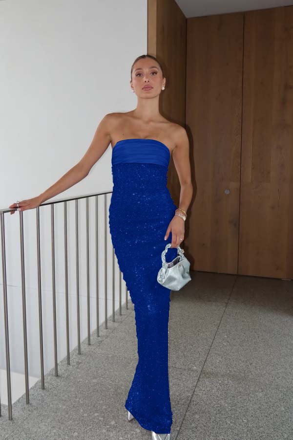 Chic Sequins Strapless Prom Dress With Pleated Detailing Long Gown