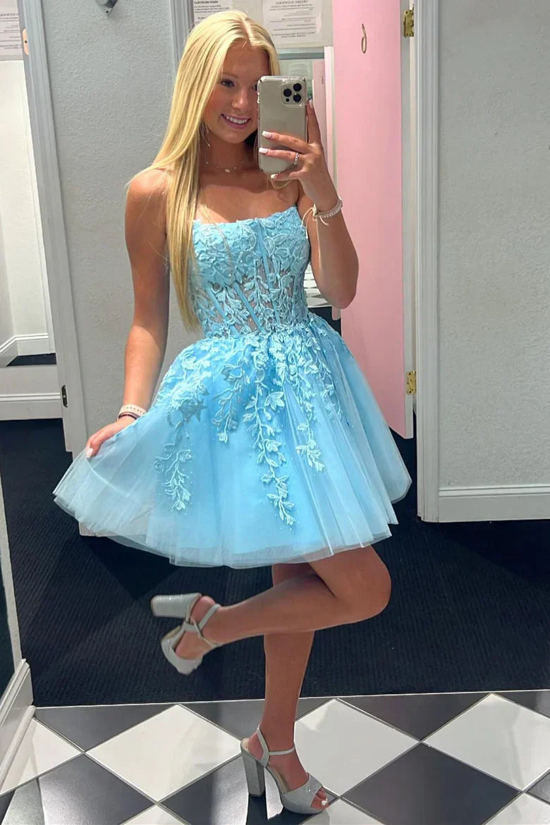 A-Line Tulle Lace Homecoming Dress with Appliques