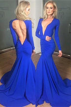 Robe sirène sexy en saphir royal à manches longues, col en V profond et dos ouvert