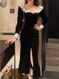 TARUXY Vestito Vintage con Merletto a Incastro Donna Nero di Carattere Abito Aderente Signorina Spacco Laterale Elegante da Festa Retro Abito da Sera Donna