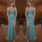 Robe de bal longue sirène en tulle avec perles et paillettes, épaules dénudées, fendue