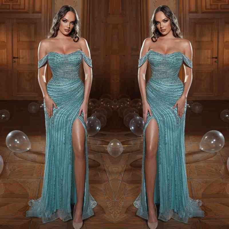 Robe de bal longue sirène en tulle avec perles et paillettes, épaules dénudées, fendue