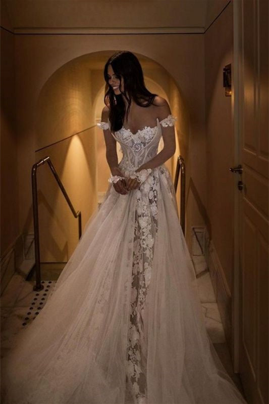 A Line Off The Shoulder Lace Wedding Dress For Romantic Brides
