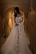 A Line Off The Shoulder Lace Wedding Dress For Romantic Brides