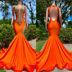 Vestidos de Festa Laranja Comprido com Decote em V, Sem Mangas, com Contas, Estilo Sereia e Costas Descobertas