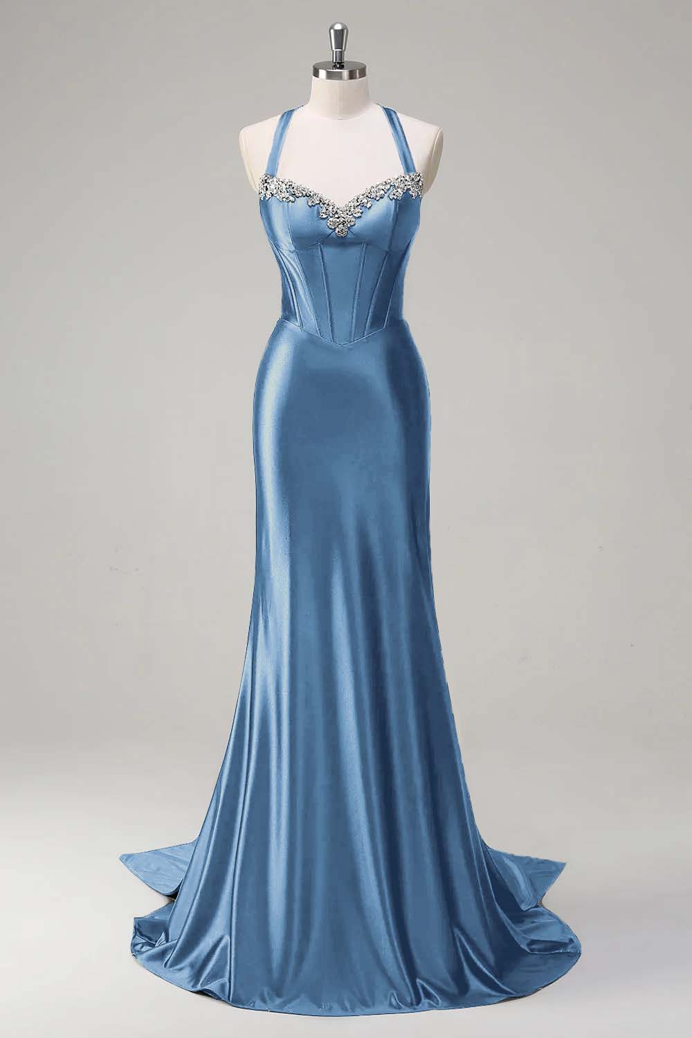 Halter Neck Sleeveless Long Mermaid Prom Dress With Beading Pleated