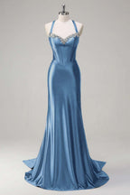 Halter Neck Sleeveless Long Mermaid Prom Dress With Beading Pleated