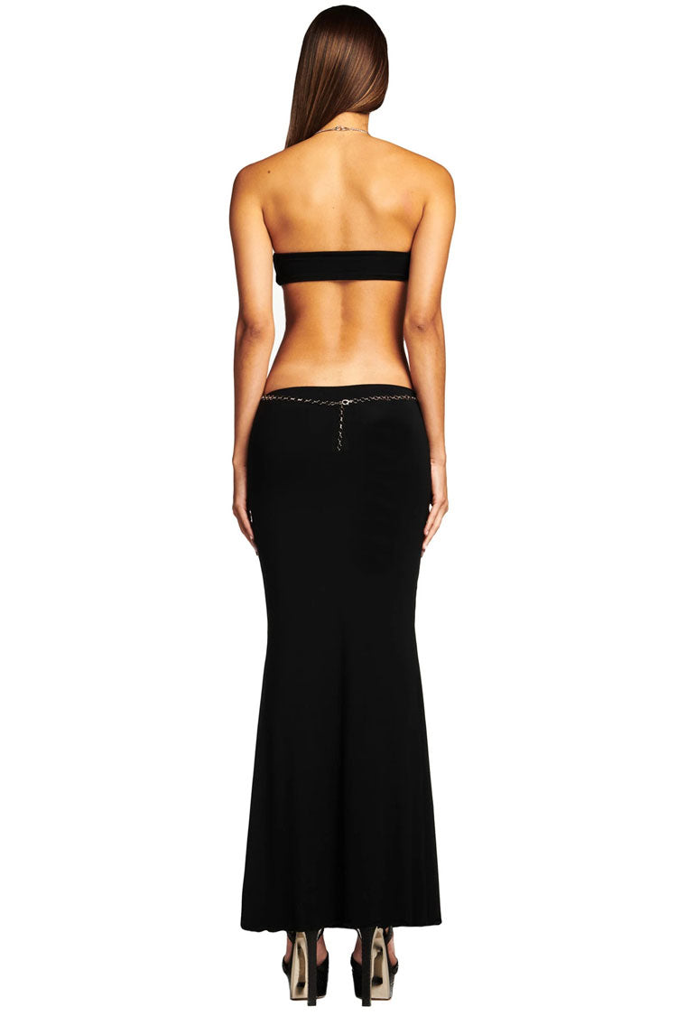 Vestido de Noite Maxi Sexy com Decote Halter e Aplicações de Corrente - Preto