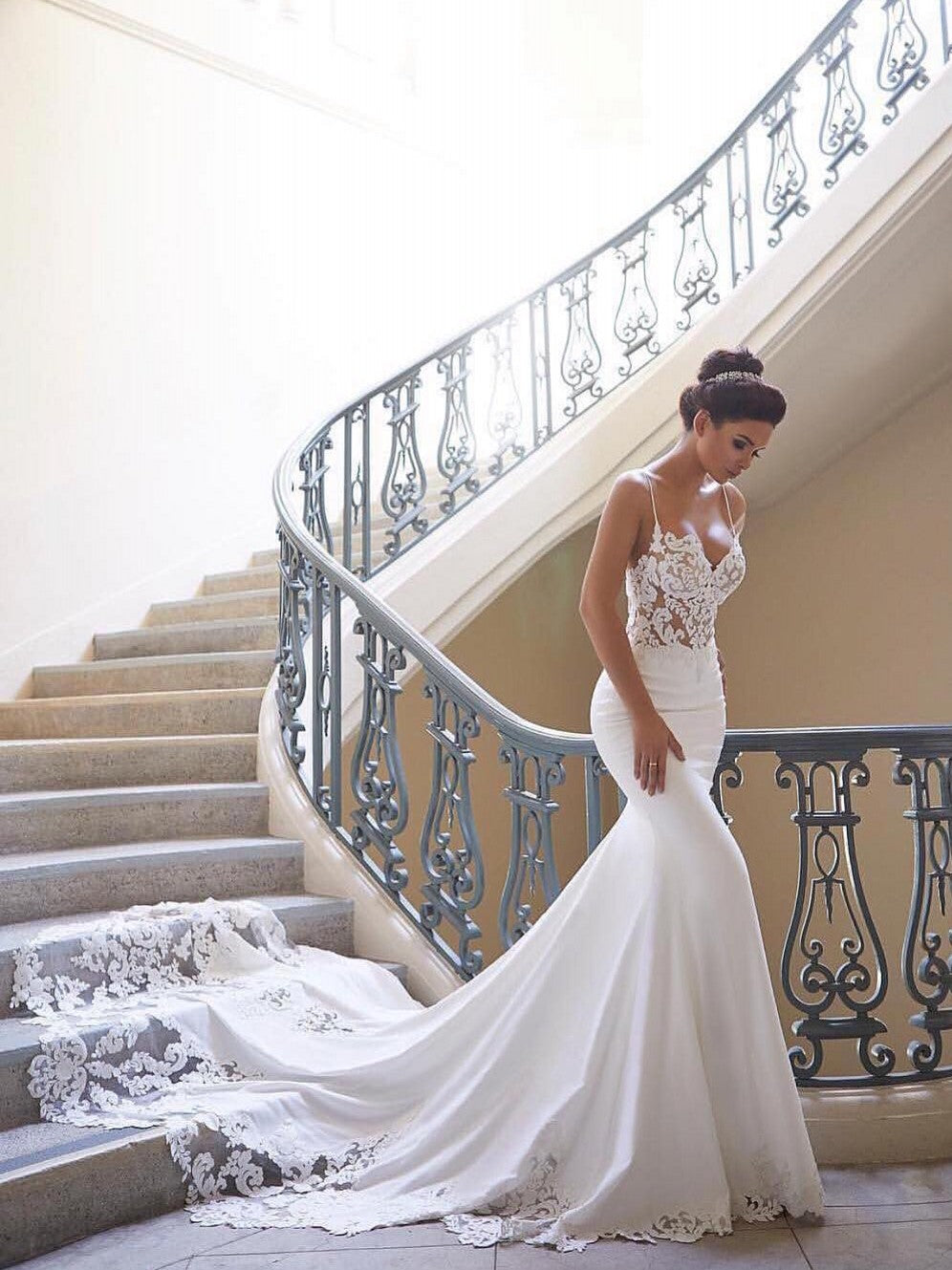 Bmbridal Lace Spaghetti Strap Mermaid Wedding Dress Sleeveless V Neck