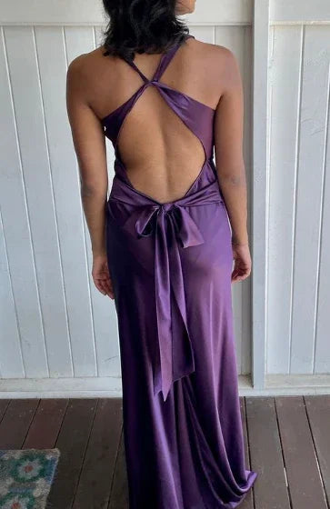 Vestido largo de fiesta morado con escote en V y espalda descubierta, vestido de noche para baile Y7520