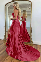 Navy Mermaid Sweetheart Long Corset Prom Dress with Slit