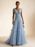 Light Blue Short-Sleeve Tulle Gown Evening Dress with 3D Flower V Neck Pleat Maxi Dress