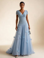 Light Blue Short-Sleeve Tulle Gown Evening Dress with 3D Flower V Neck Pleat Maxi Dress