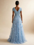 Light Blue Short-Sleeve Tulle Gown Evening Dress with 3D Flower V Neck Pleat Maxi Dress