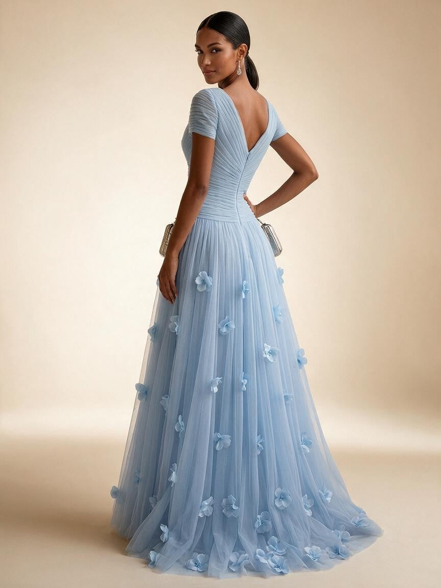 Light Blue Short-Sleeve Tulle Gown Evening Dress with 3D Flower V Neck Pleat Maxi Dress