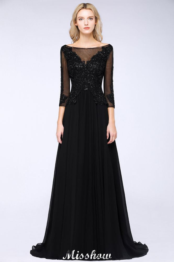 Black 3/4 Sleeves Beads A-Line Appliques Bridesmaid Dresses Tulle Party Dress