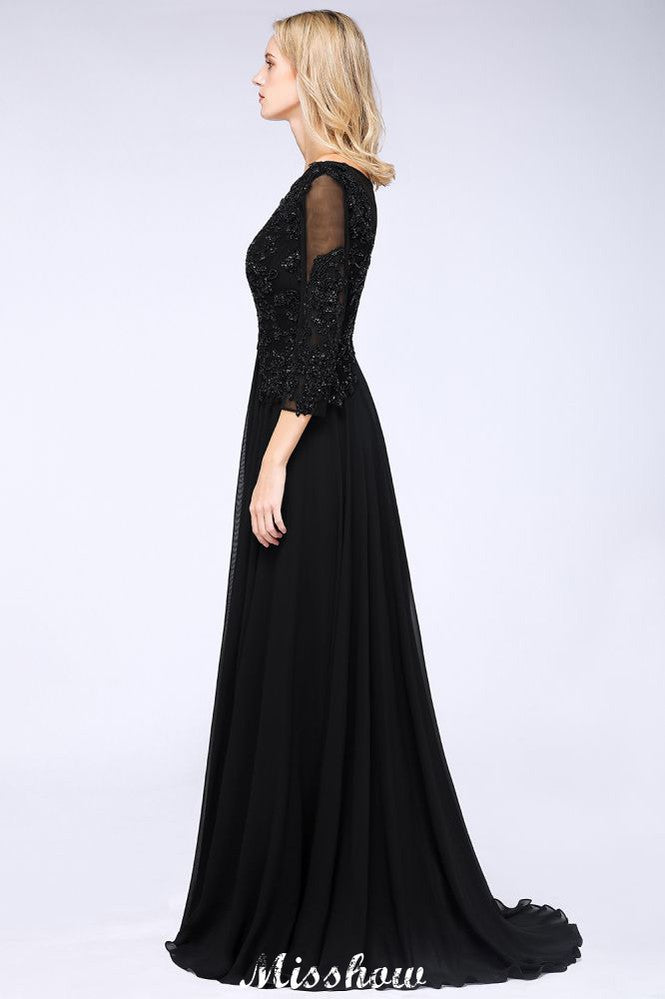 Black 3/4 Sleeves Beads A-Line Appliques Bridesmaid Dresses Tulle Party Dress