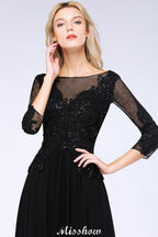 Black 3/4 Sleeves Beads A-Line Appliques Bridesmaid Dresses Tulle Party Dress