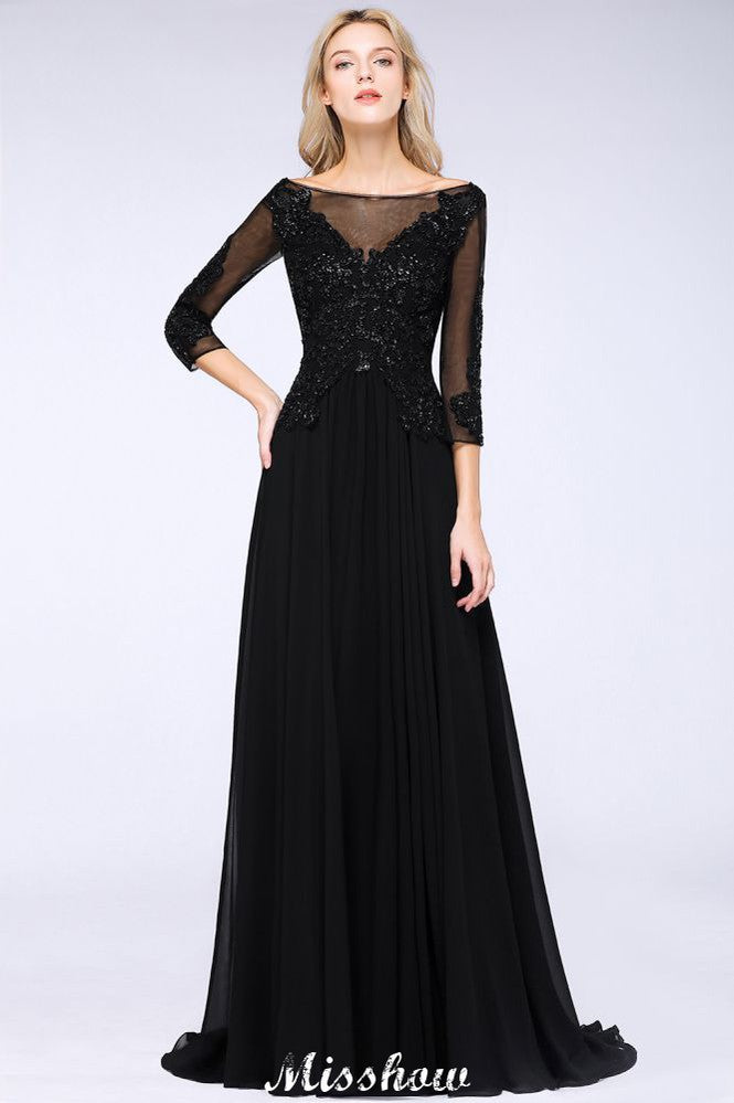 Black 3/4 Sleeves Beads A-Line Appliques Bridesmaid Dresses Tulle Party Dress