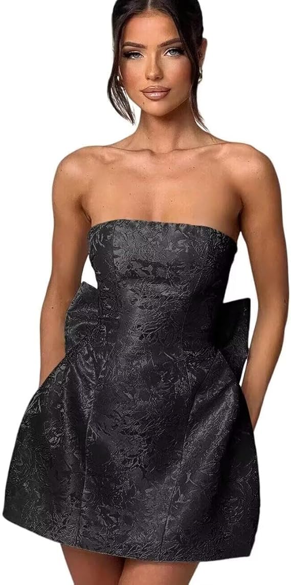 Robe courte de bal bustier pour retour à la maison, robe de fête sans manches à laçage en satin jacquard avec nœud