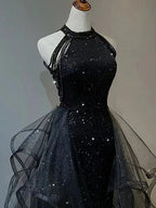 Black Long Mermaid Halter Sequined Tulle Formal Prom Dresses