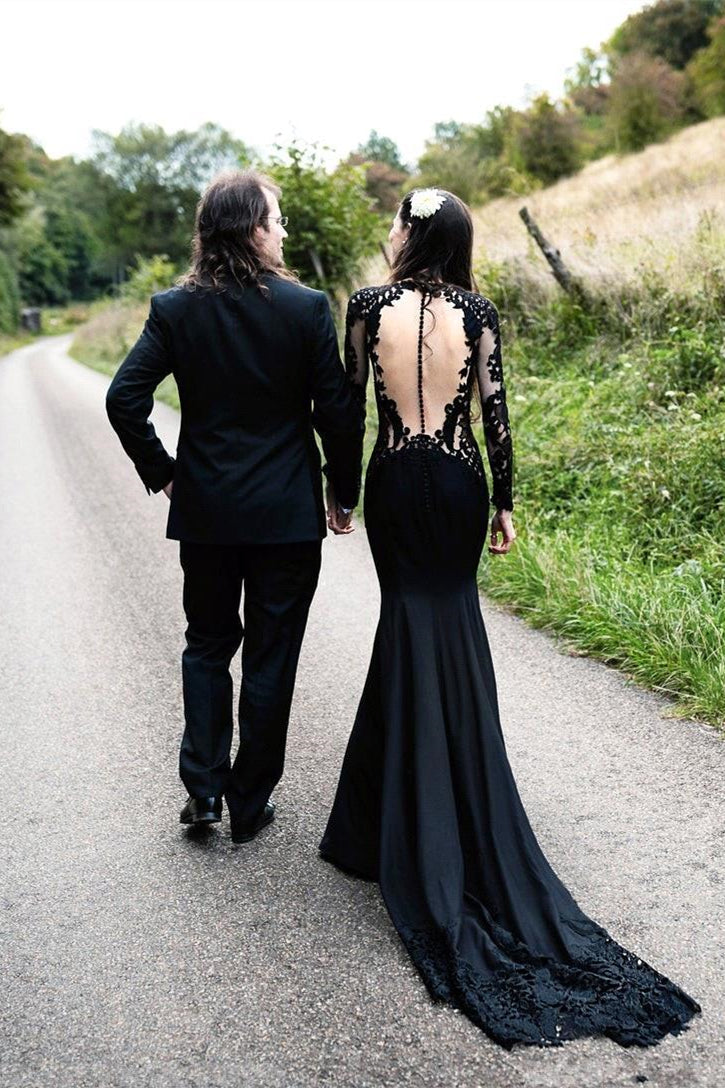 Black Long Sleeves Mermaid Wedding Dress with Sweep Train